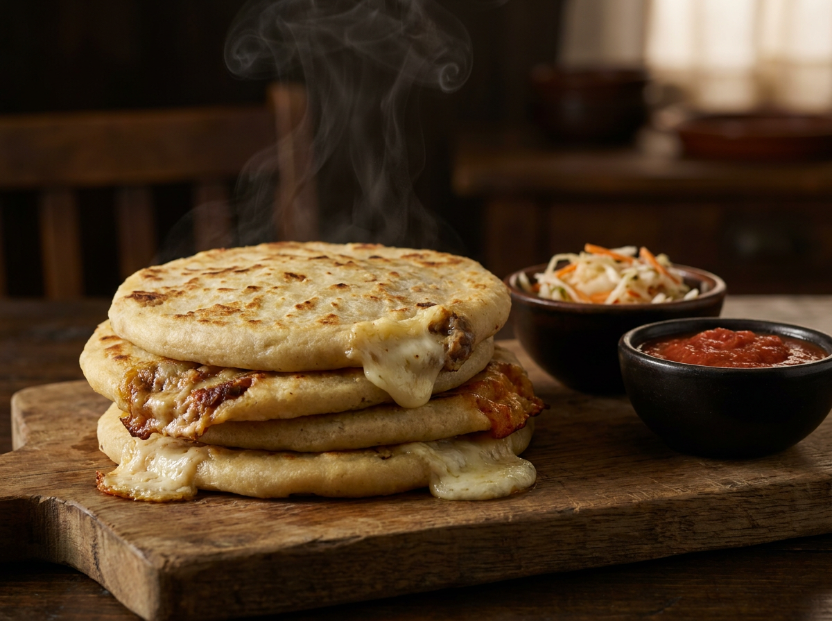 Hand-pressed pupusas stacked and steaming, with curtido and salsa roja at Taso's