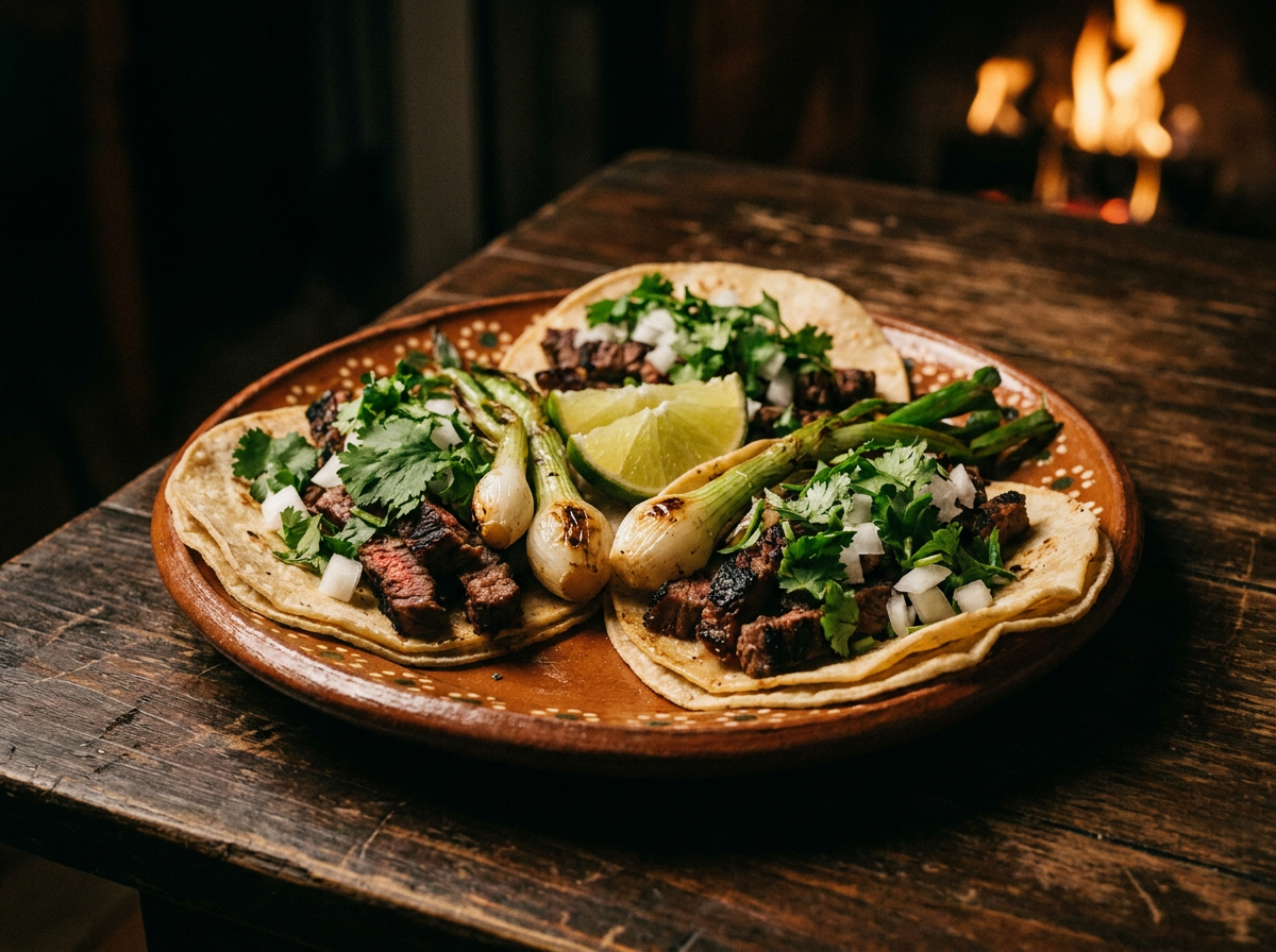 Carne asada tacos with grilled onions and lime over wood fire at Taso's