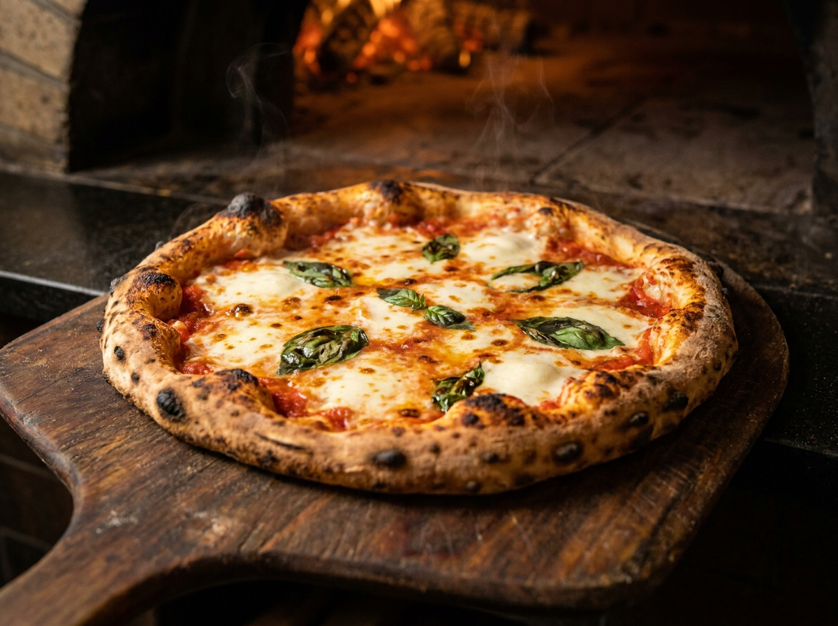 A wood-fired margherita pizza fresh from the oven at Taso's